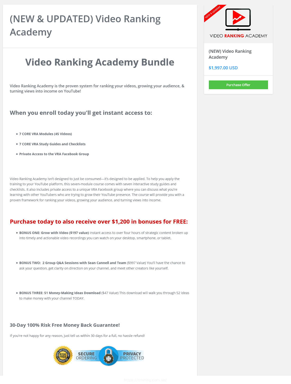 Video Ranking Academy 2021 by Sean Cannell Sales Page